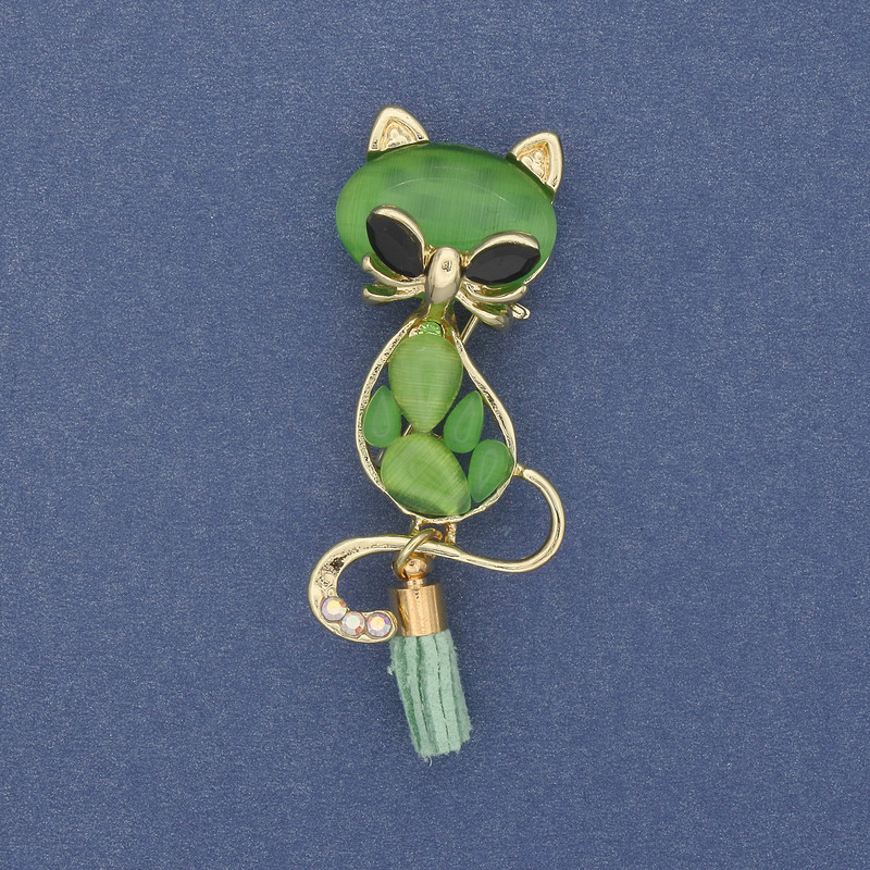 Brooch pendant Cat with Stone Green Cat's Eye Golden Metal 43x17mm+