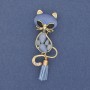 Brooch pendant Cat with stone - cat's eye blue with golden metal 43x17mm