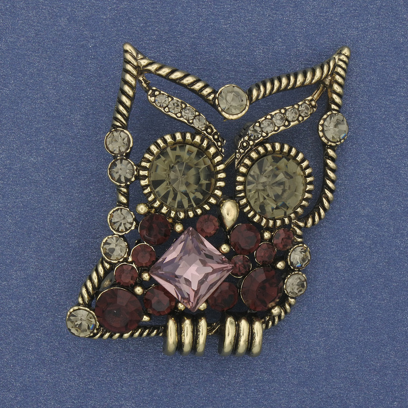 Brooch Owl with crystals, bronze colour, diameter 40×30mm+