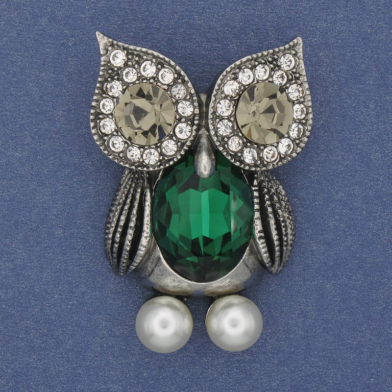 Brooch Owl with green crystal and white rhinestones, silver metal, diameter 42×29mm+