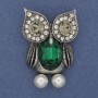 Brooch Owl with green crystal and white rhinestones, silver metal, diameter 42×29mm+