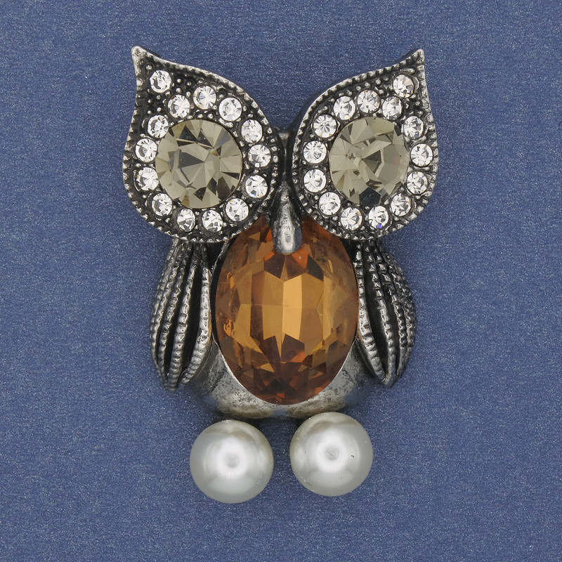 Brooch Owl with Yellow Crystal and White Crystals on Silver Metal, diameter 42x29mm+