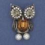 Brooch Owl with Yellow Crystal and White Crystals on Silver Metal, diameter 42x29mm+