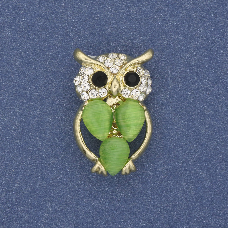 Brooch Owl Cat’s Eye with White Crystals Golden Metal, diameter 15mm±, length 25mm±