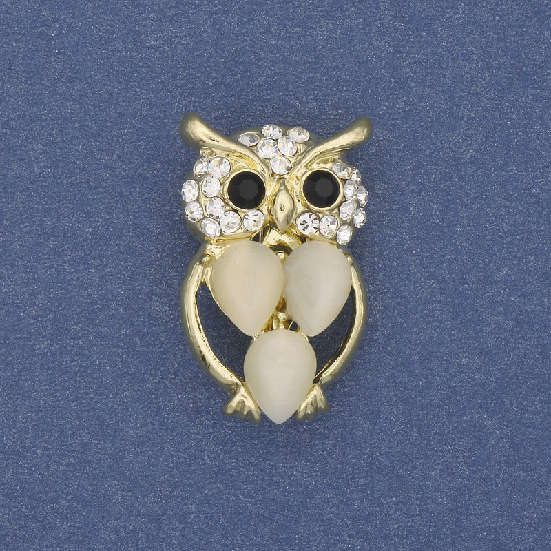 Brooch Owl Cat's Eye with white crystals, golden metal, diameter 15mm ±, length 25mm ±