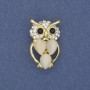 Brooch Owl Cat's Eye with white crystals, golden metal, diameter 15mm ±, length 25mm ±