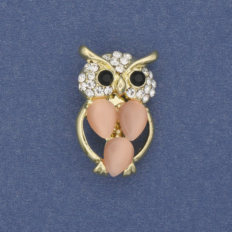 Brooch Owl Cat's Eye with White Crystals on Gold-Tone Metal, 15mm diameter ±, length 25mm ±