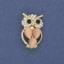 Brooch Owl Cat's Eye with White Crystals on Gold-Tone Metal, 15mm diameter ±, length 25mm ±