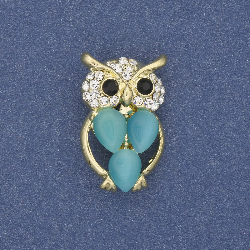 Brooch Owl Cat's Eye with White Crystals, Gold-Tone Metal, diameter 15mm±, length 25mm±