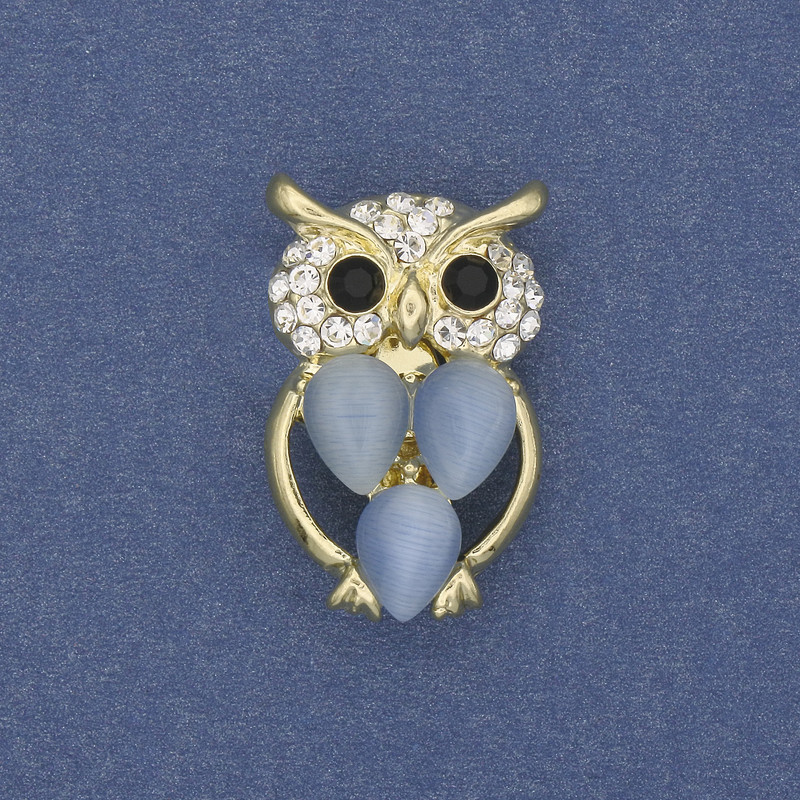 Brooch Owl Blue Cat's Eye with White Crystals Golden Metal, diameter 15mm+-, length 25mm+-