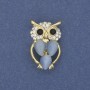 Brooch Owl Blue Cat's Eye with White Crystals Golden Metal, diameter 15mm+-, length 25mm+-