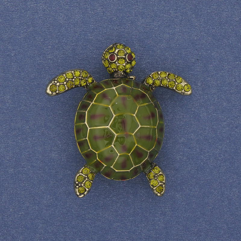 Brooch Turtle green enamel with crystals golden metal 35×32mm+