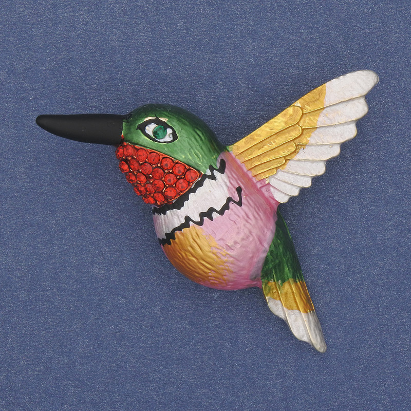 Brooch Bird Colourful Enamel Red Crystals Gold-Tone Metal 50x35mm+