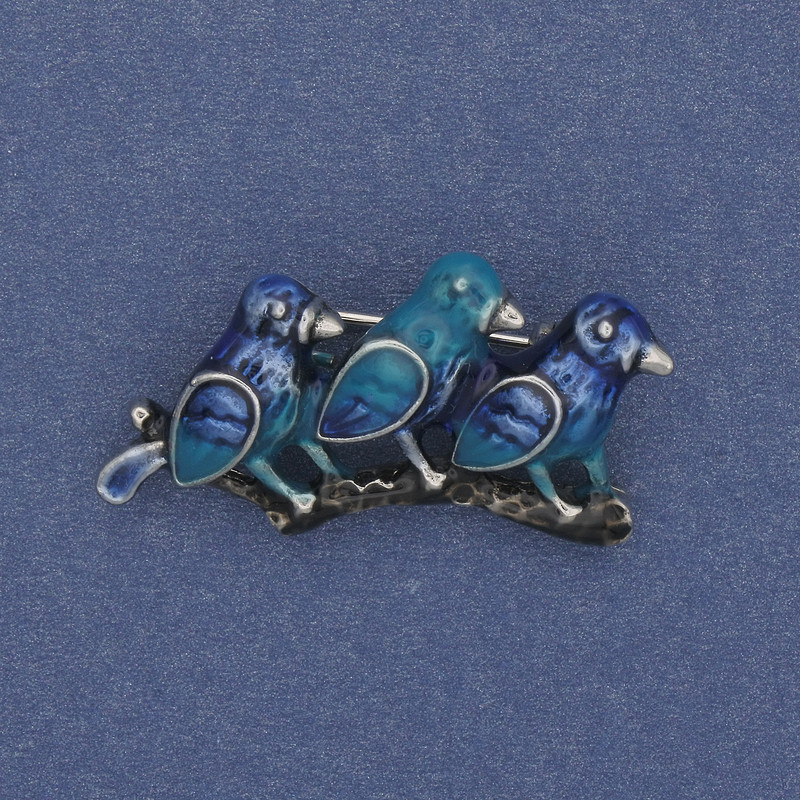 Brooch Birds on a Branch blue enamel silver-toned metal 35x19mm+