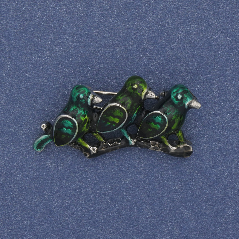 Brooch Birds on Branch Green Enamel Silver Metal 35×19mm+