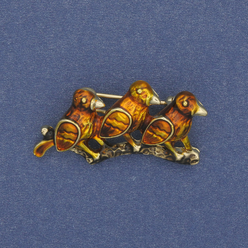 Brooch Birds on Branch with Enamel Gold-Tone Metal 35x19mm+