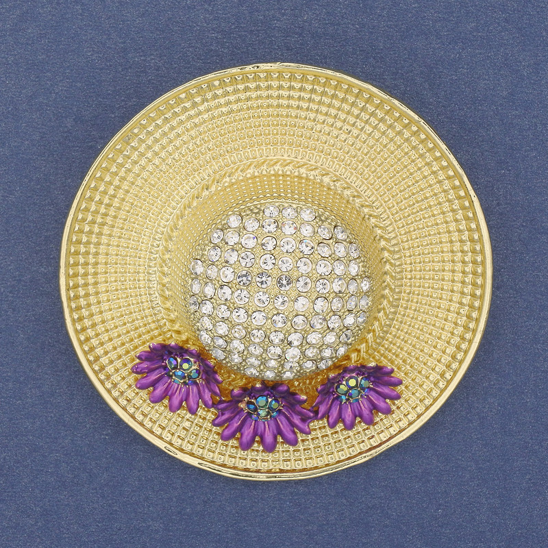 Brooch Pendant Hat White Rhinestones Purple Enamel Gold-tone Metal 53mm+
