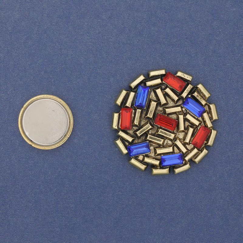 Magnetic Brooch Accent with Colourful Rhinestones, Dark Gold, Gold-tone Metal 40mm+
