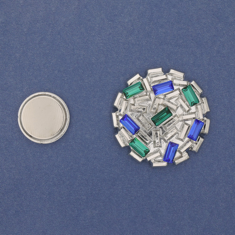 Brooch on magnet Accent coloured rhinestones silver metal 40mm+