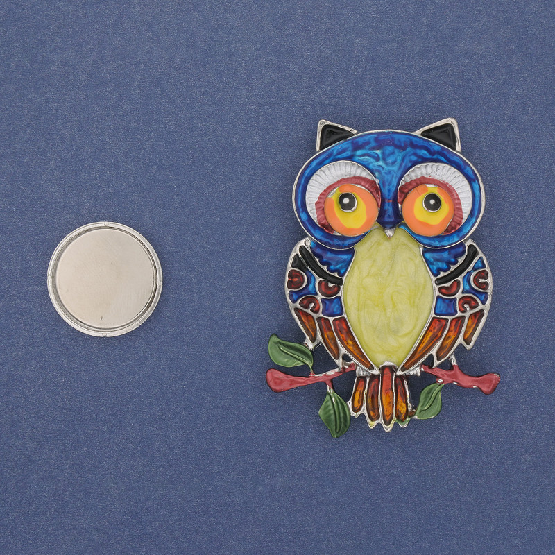 Magnetic Brooch Owl with Colorful Enamel on Silver Metal 55×40mm+