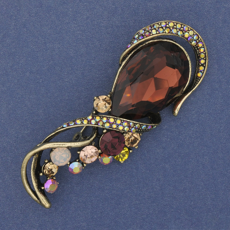 Brooch Accent brown crystal colourful rhinestones gold-tone metal 72x30mm+