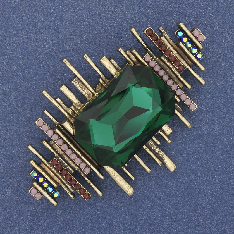 Brooch Accent with Green Crystal, Colored Rhinestones, Golden Metal, 63x43mm+