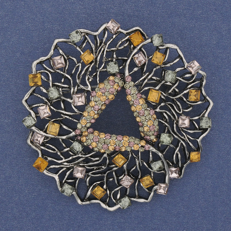 Brooch Pendant Accent with colored crystals Silver metal 51mm+