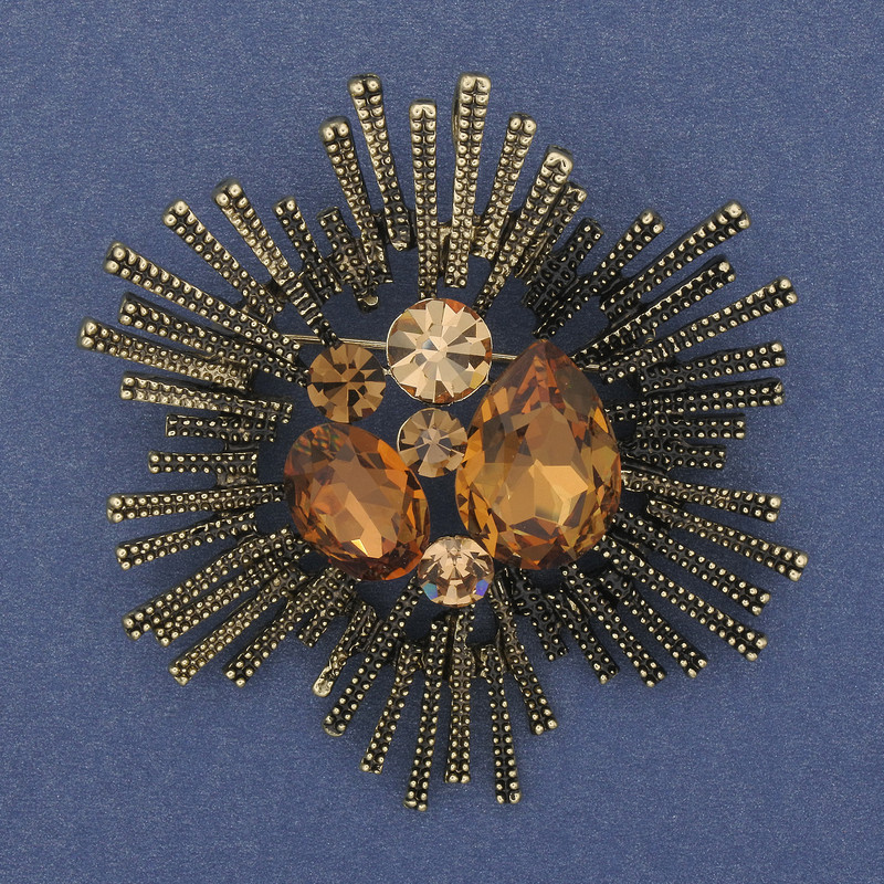 Brooch Pendant Accent with Yellow and Brown Crystals Bronze-Gold Metal 60mm+