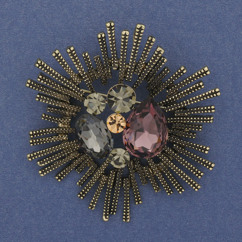 Brooch Pendant Accent with coloured crystals bronze-gold metal 60mm+
