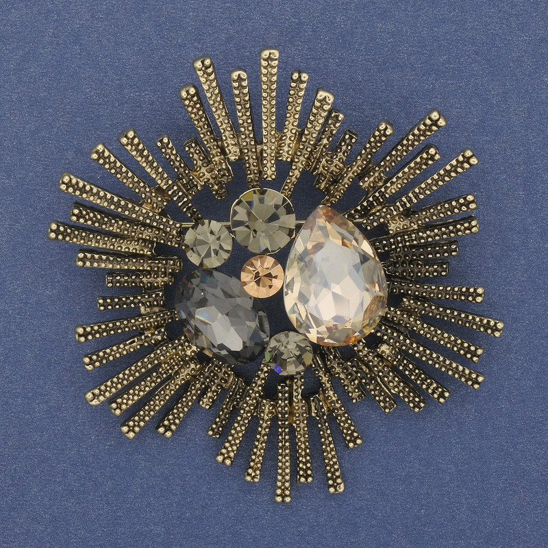 Brooch pendant Accent with grey and yellow crystals bronze gold-toned metal 60mm+