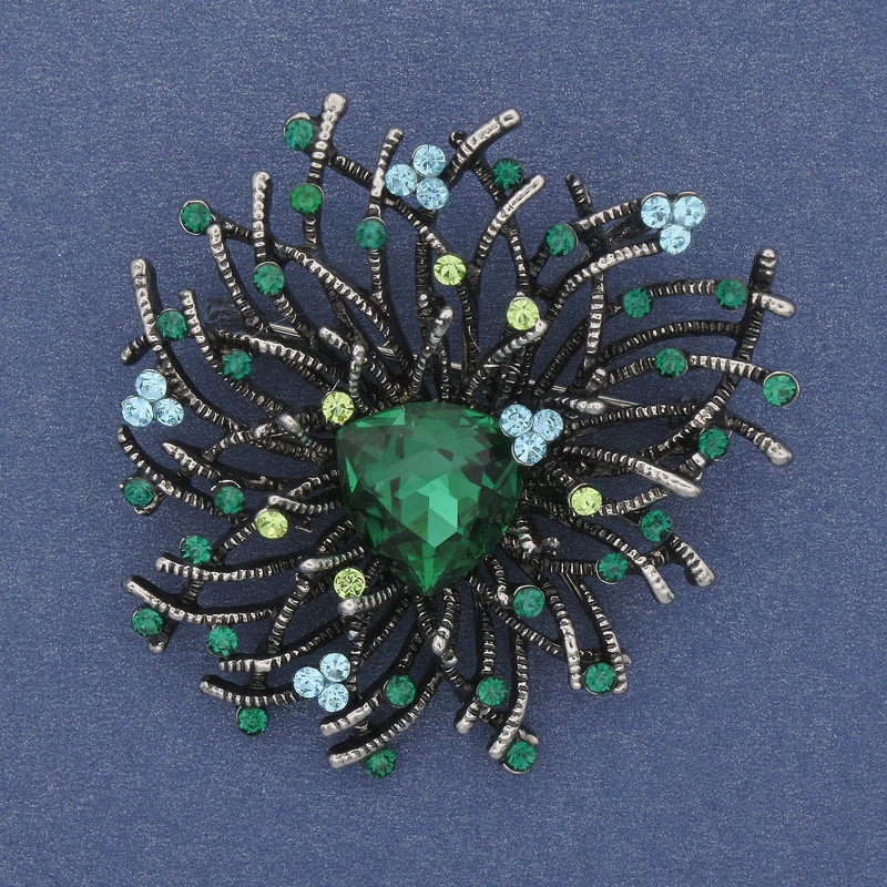 Brooch Pendant Accent Green Crystal Rhinestones Golden Metal 47x42mm+