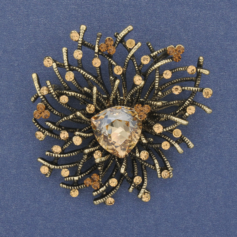 Brooch Pendant Accent Yellow Crystal Yellow Rhinestones Gold-Tone Metal 47x42mm+