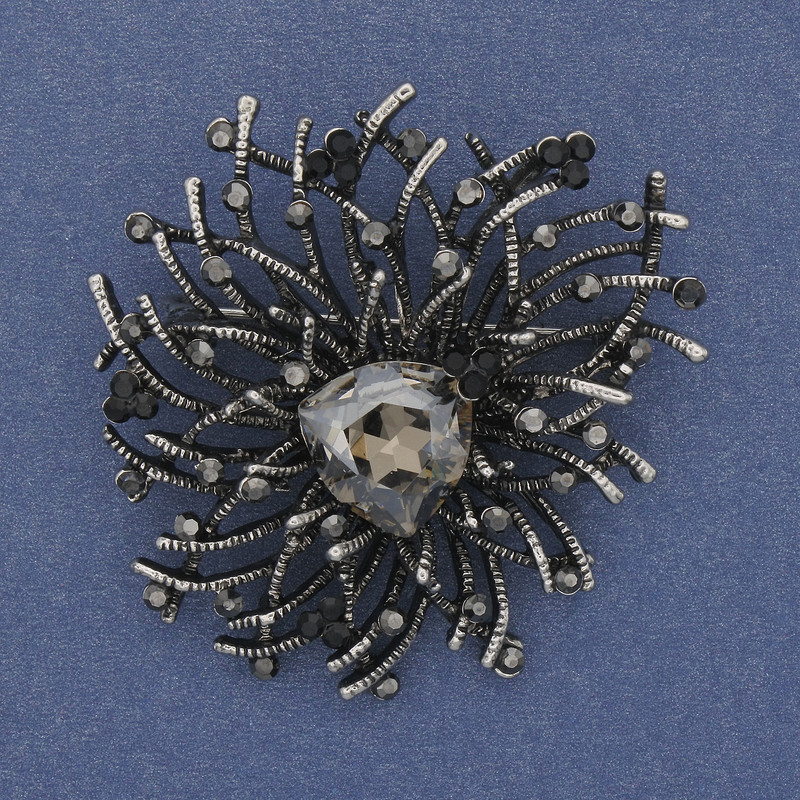 Brooch Pendant Accent with Gray Crystal Grey Rhinestones Silver Metal 47×42mm+