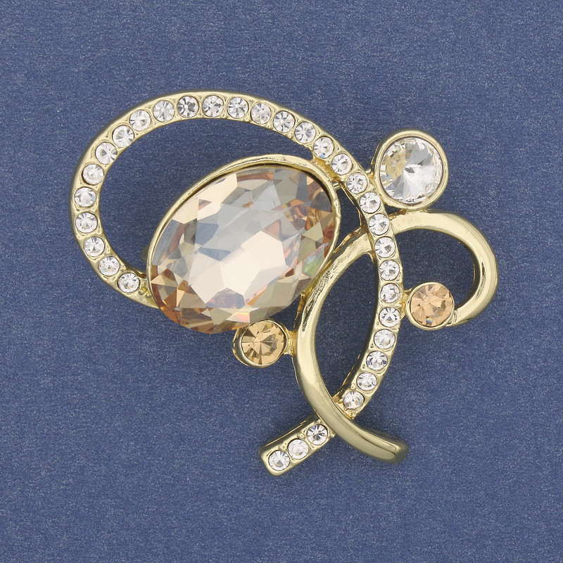 Brooch Accent yellow crystal white rhinestones golden metal 43×35mm+