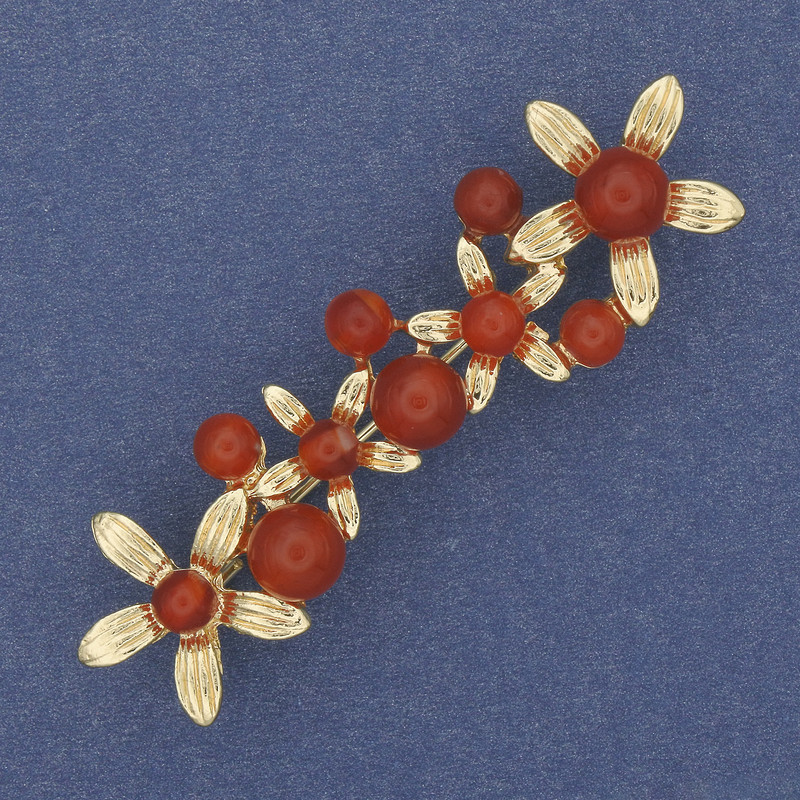 Brooch Flowers Cornelian Gold-tone Metal 55x17mm+