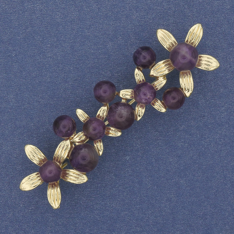 Brooch Flowers Amethyst Golden Metal 55x17mm+
