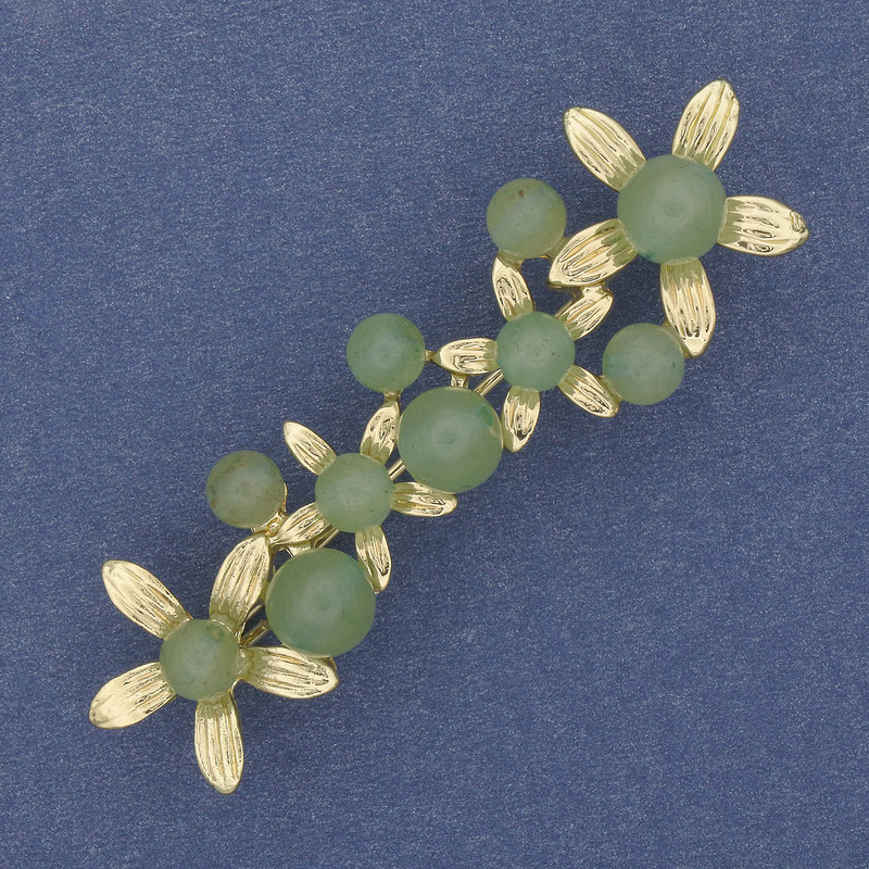 Brooch 'Flowers' Jade Gold-tone Metal 55×17mm+