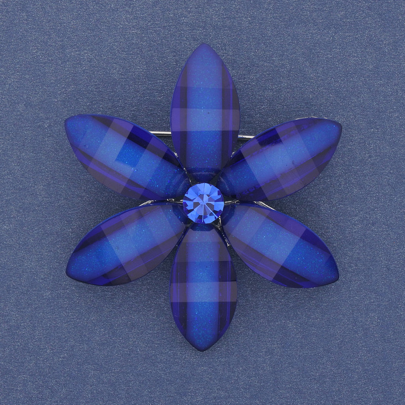 Brooch Pendant Blue Flower Acrylic with Crystals Silver Metal 45mm+