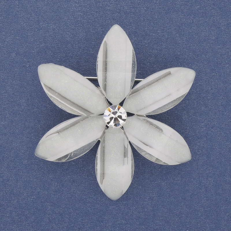 Brooch Pendant White flower with acrylic and rhinestone, silver metal 45mm+