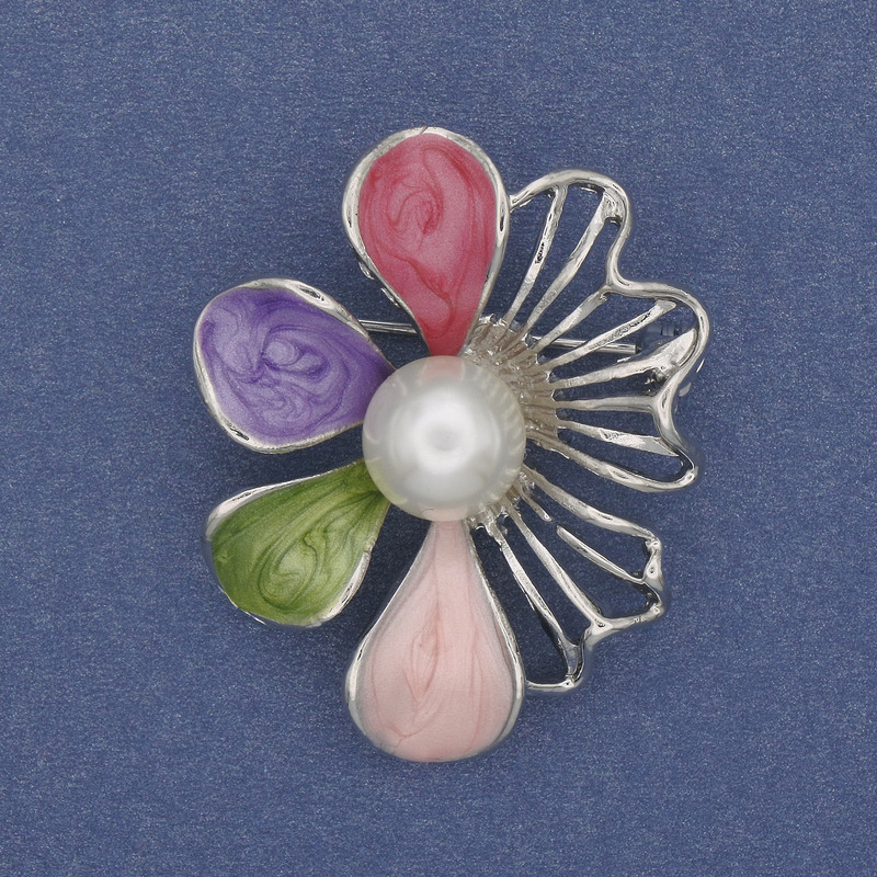 Brooch Pendant Floral Pearl Emal Silver-tone Metal 40x32mm+