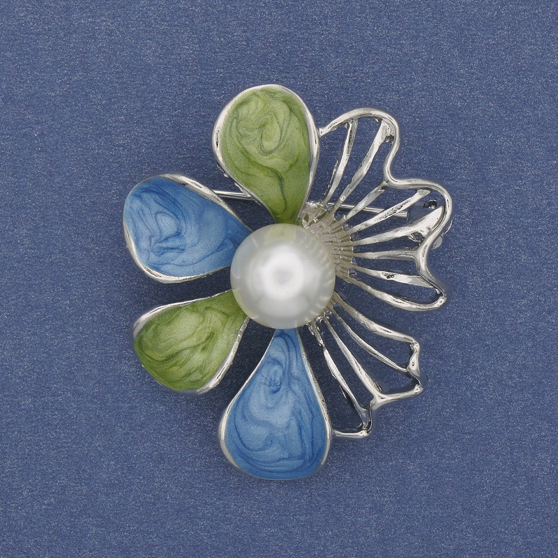 Brooch Pendant Flower Enamel Pearl Silver Metal 40x32mm+