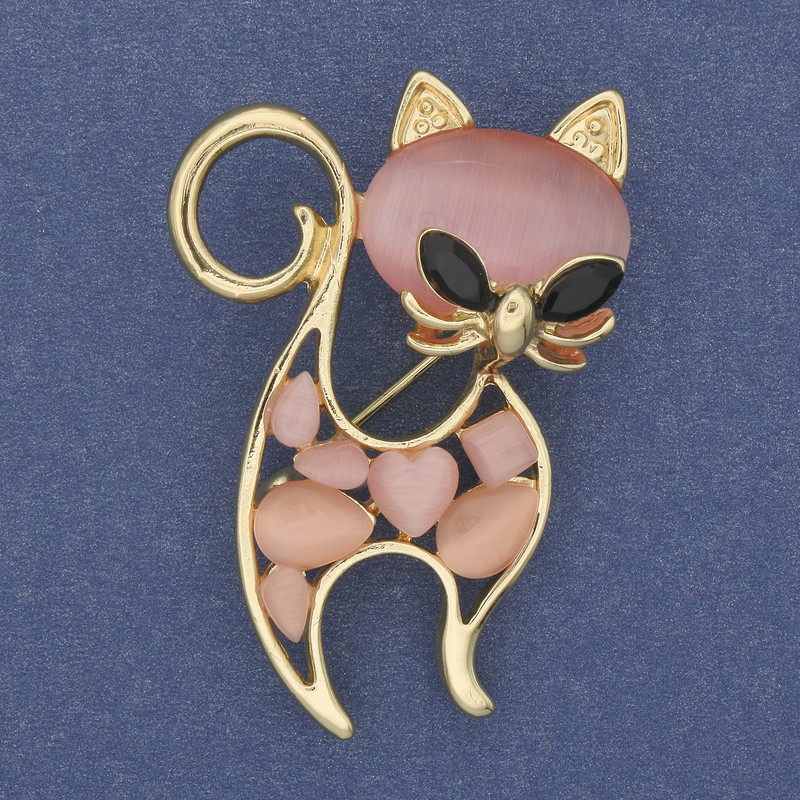 Brooch Pendant Cat Pink Stone Cat's Eye Crystal Gold-tone Metal 45x30mm+