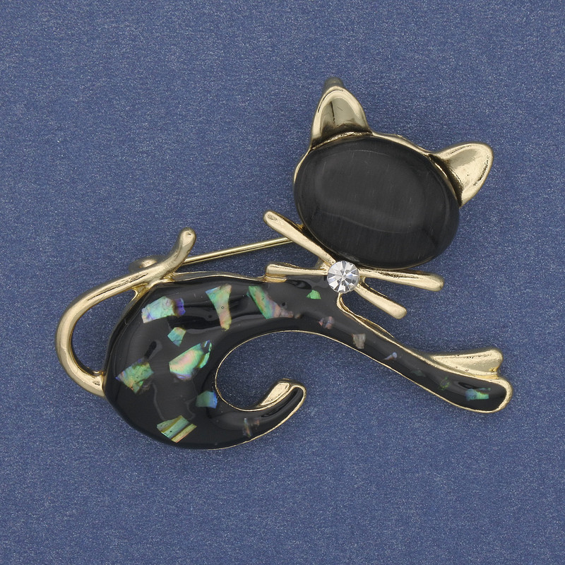 Brooch Cat Hawolite Cat’s Eye Golden Metal 43×34mm+