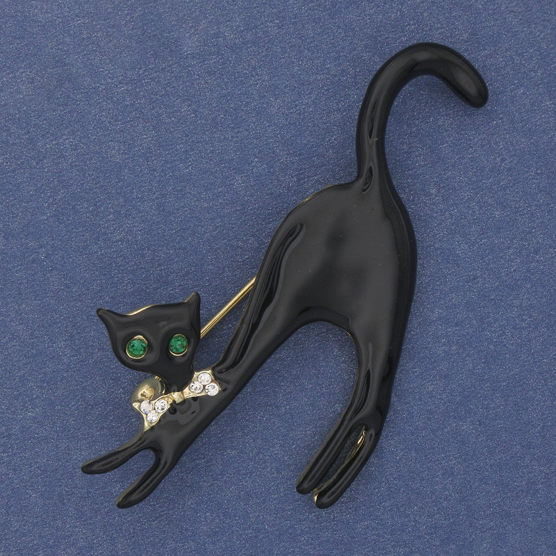 Brooch Cat Black Enamel with Crystals Gold-toned Metal 60×37mm+