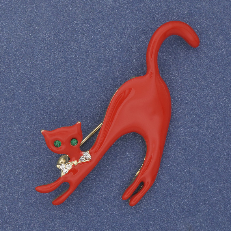 Brooch Cat Red Enamel with Crystals Gold-tone Metal 60x37mm+