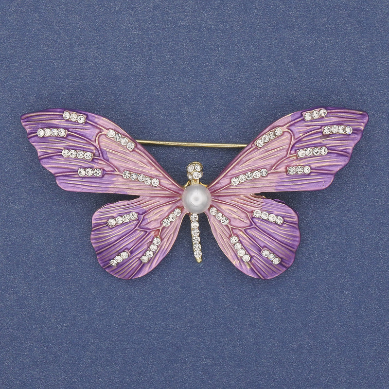 Brooch Butterfly with Crystals and Enamel on Golden Metal 60x35mm+
