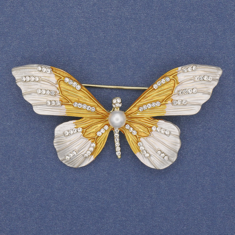 Brooch Butterfly with rhinestones and enamel gold-toned metal 60x35mm+