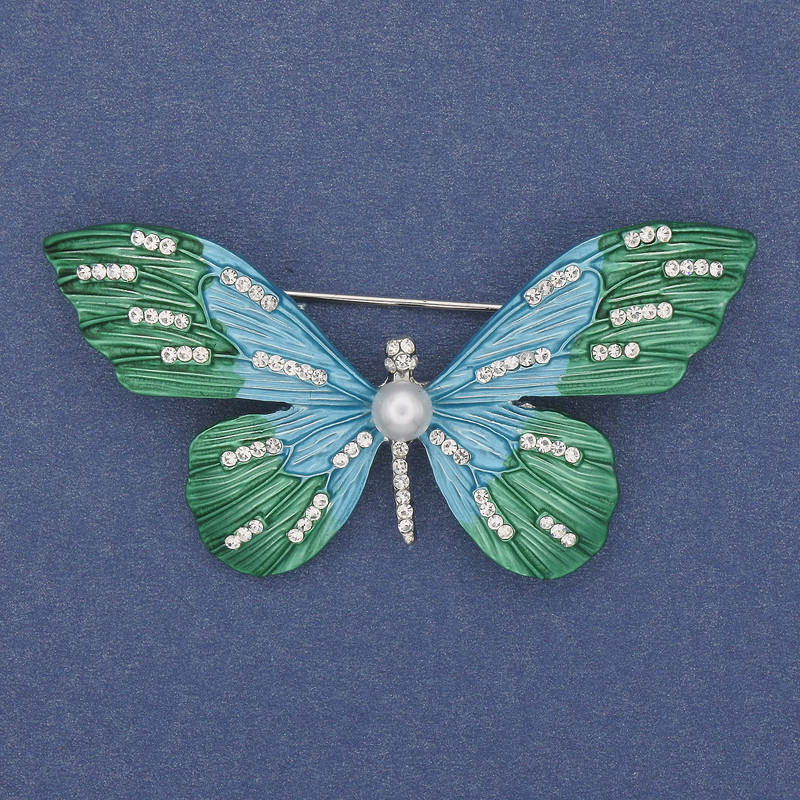 Butterfly Brooch with Crystals and Enamel on Silver Tone Metal 60x35mm+