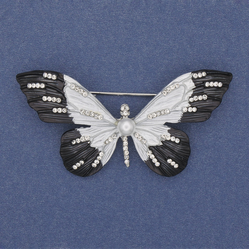 Brooch Butterfly with Crystals and Enamel, Silver Metal 60x35mm+