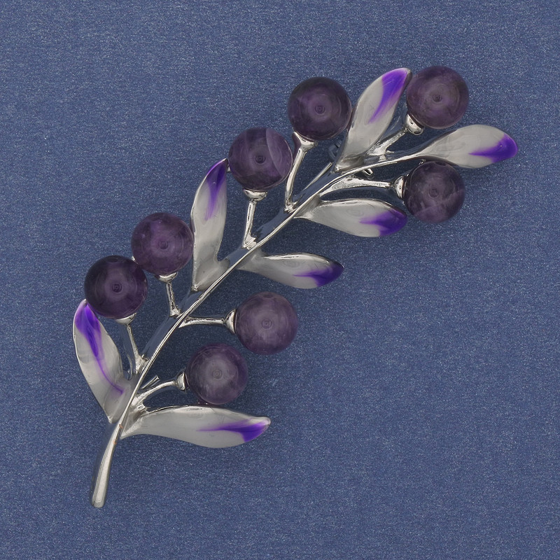 Brooch Branch with Amethyst, white crystals, silver metal 60x25mm+